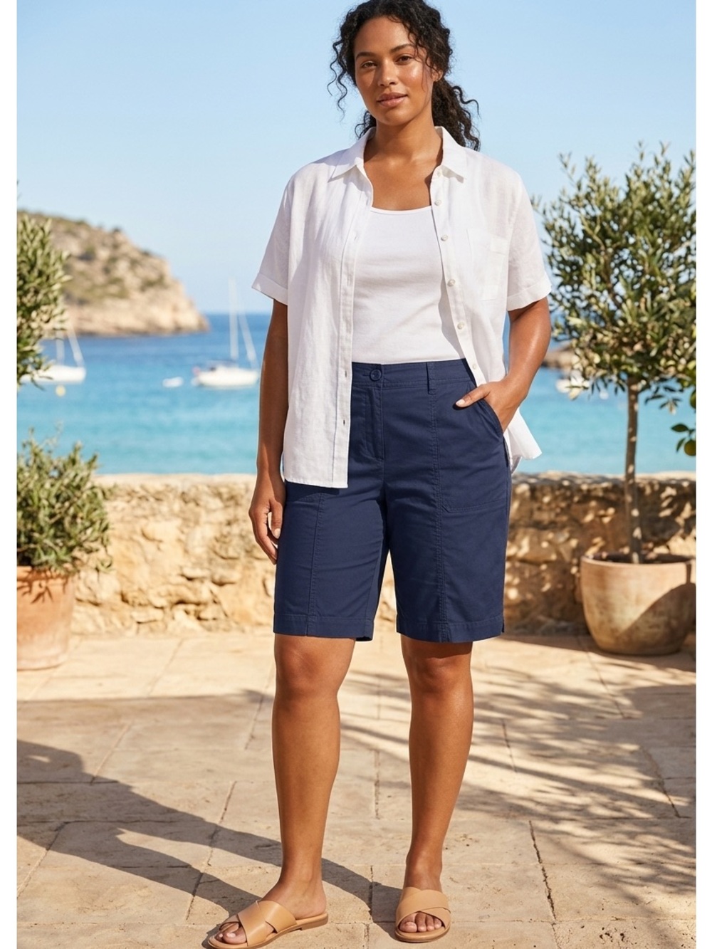 NWT Chico’s Fly Front Poplin Bermuda Shorts Dark Blue Size 14 Coastal Cool
